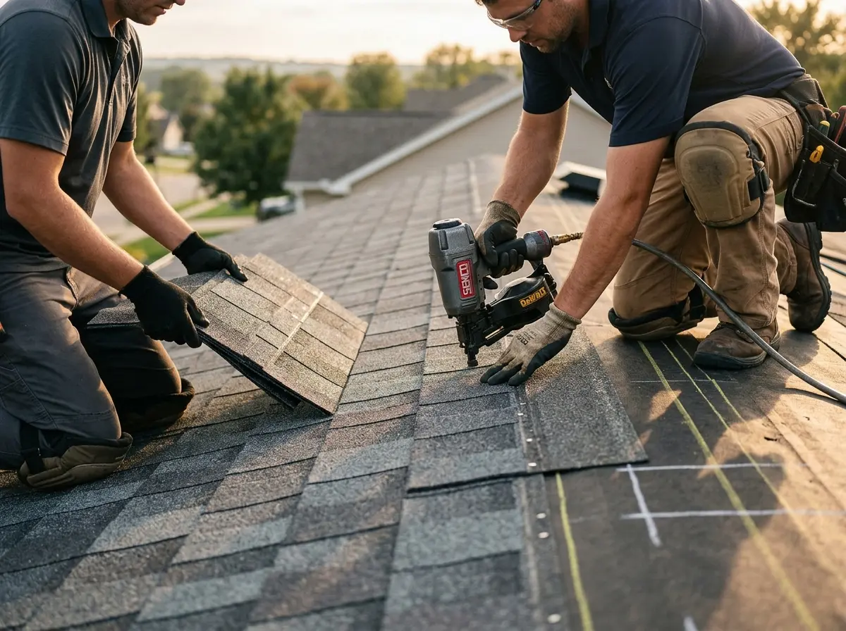 Professional roofer working on a residential roof in St. Clair